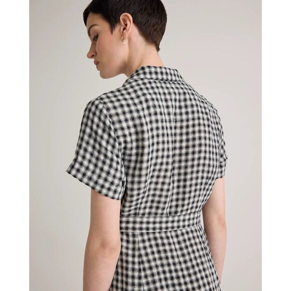 QUINCE 100% European Linen Button Front Dress Khaki Black Gingham L - Picture 3 of 13